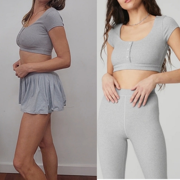 SET: Alo tenniscore Skirt SET: gray blissful Henley top + skirt skort s - Picture 3 of 6